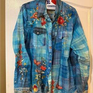 Embroidered Plaid Button-Up Shirt